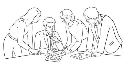 Business meeting in the office. Business workers have discussion with boss. Teamwork concept. Line art illustration of 4 office workers brainstorming