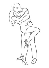 Gentleman and woman in mini dress and high heels kissing in the end of dance. Silhouette sketch of dancer man holding a woman's waist. Kissing couple
