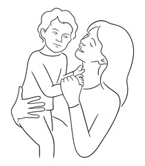 Vector illustration of mother and child. Hand drawn sketch of mom holds her baby. Motherhood concept