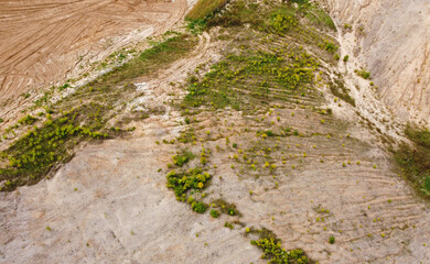 Aerial view of the mining quarry. Industrial landscape sand and desert.