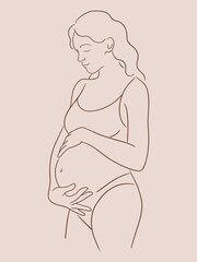 Pregnant woman in underwear holds her big belly. Silhouette of young person in the last months of pregnancy. Future mother concept