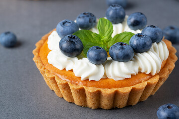 Creamy cheesecake cake with blueberry on a gray table