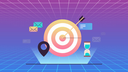 Dartboard arrow futuristic concept and business teamwork success achievement virtual reality innovation technology flat vector illustration.
