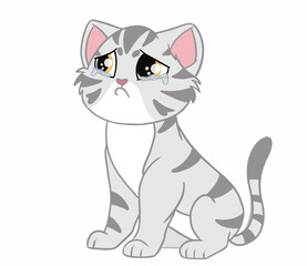 The sitting American Shorthair cat that acts as a gloomy and sad emotion. Doodle and cartoon art.