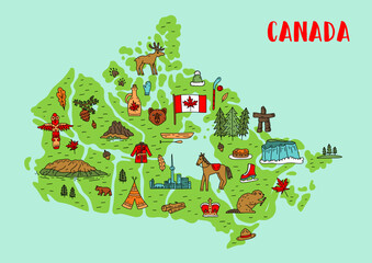 Illustrated map of Canada. Tourist and travel landmarks. Vector illustration. Cartography