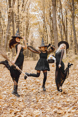 Naklejka premium Three witches walking in forest on Halloween