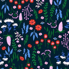 Amazing floral vector seamless pattern of vibrant colorful flowers in a cute vintage style. Beautiful colorful flowers background. Spring primitive texture. Folk style design concept for fashion print