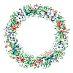 Christmas wreath made of eucalyptus twigs, with cotton and berries. Watercolor illustration. Round frame from a large set of COZY WINTER. For decoration and design of Christmas cards, decor.