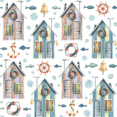 Fishing, sea houses with anchors, steering wheels, fish and bubbles. Watercolor illustration. Seamless, childish pattern on a white background. For decoration and design of wallpaper, fabric, textiles