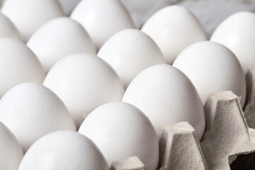 Close-up of Cardboard tray with white chicken eggs
