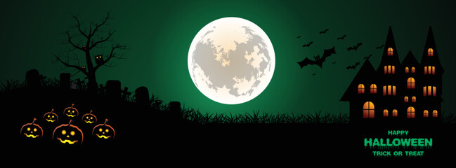 Halloween illustration Facebook cover with at glowing moon, Haunted house and dead trees