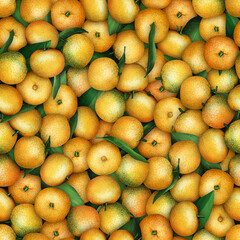 Hand drawn seamless pattern of orange mandarins. Tangerines, leaves and branches background. Decorative citrus fruit illustration for invitation, wallpaper, wrapping paper, fabric