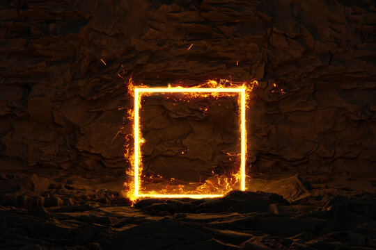 3D rendering of square frame on fire over rocky surface