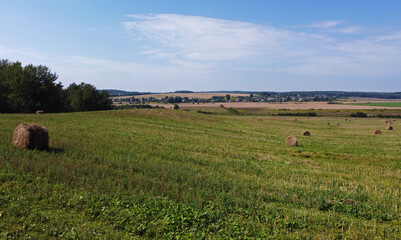 Fototapeta premium Aerial view of agro fields with harvesting and haystacks