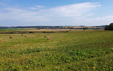 Fototapeta premium Aerial view of agro fields with harvesting and haystacks