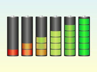 Battery charge level indicators. Set of battery charged.