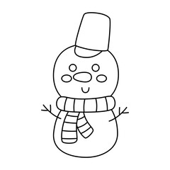 Cute snowman with hat and scarf line icon.