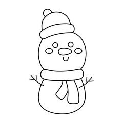 Cute snowman with hat and scarf line icon.