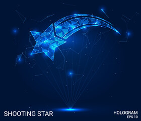 A hologram of a shooting star. A shooting star made of polygons, triangles of points and lines. The star icon is a low-poly compound structure. Technology concept vector.