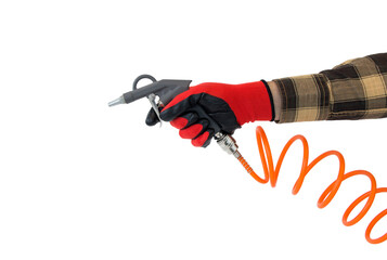 blow gun in worker's hand, close up on isolated background