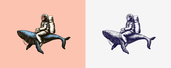 Monkey astronaut with blue whale. Funny Chimpanzee spaceman cosmonaut character. Astronomical galaxy space. Hand drawn Engraved old monochrome sketch. Vector illustration for t-shirt, tattoo  © artbalitskiy