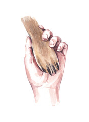 Cute watercolor illustration. The human holds a dog's paw in the palm of his hand. © Elena