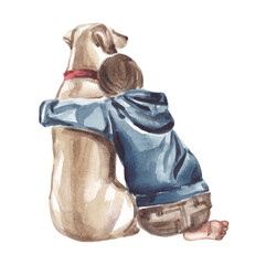 Watercolor illustration of a boy with a dog friend. Back view, hugs, guide dog.