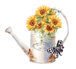 Watercolor Rusty iron watering can with sunflower bouquet. Farmhouse style illustration.  Vintage french country design © Nataliya Kunitsyna