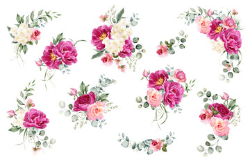 Watercolor flowers. Pink red blush peony set. Floral bouquet clipart. Garden roses with greenery  illustration isolated on white background