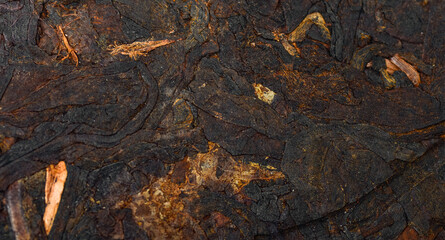 Pressed Chinese fermented Pu-erh tea. Macro close up. Aromatic black puer tea. Healthy drink. Texture.