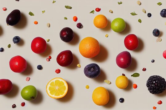organic fruit background. Food photography of various fruits on a white background. 3d render, Raster illustration.