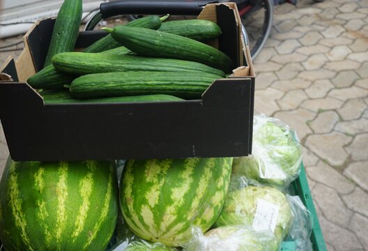 Schwarze Kiste mit frischen gr&uuml;nen Gurken &uuml;ber gr&uuml;ner Plastikkiste mit Melonen auf grauem Pflastersteinplatz in Stadt 