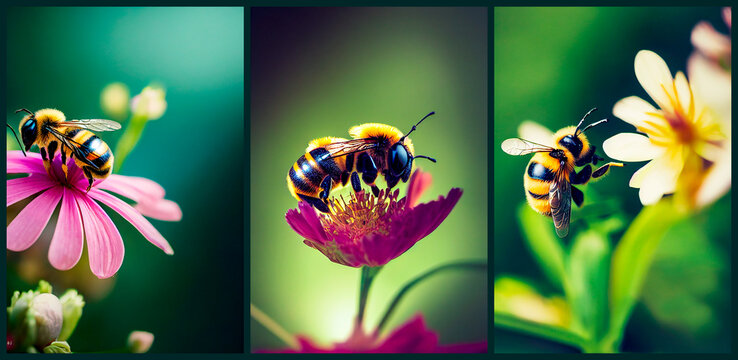 A set of macro photos of a bee on a flower. Close-up of a bee landing on a flower for pollination. Bees pollinate plants and make honey. 