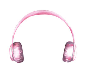 Watercolor pink head phones illustration, Hipster funny clothes accessories, costume, character creator decor fashion element isolated. Cute drawing clipart for baby shower, nursery ,poster, sticker