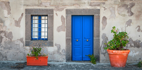 Facade with blue door and window, with potted plants in front.