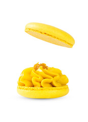 yellow macaron with mango and passion fruit filling and levitating half