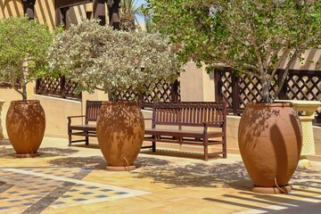 Luxurious orient ceramic floor vases with plants and wooden benches handmade with carved ornamental arabesque floral pattern in outside inner courtyard of traditional middle eastern villa or palace.