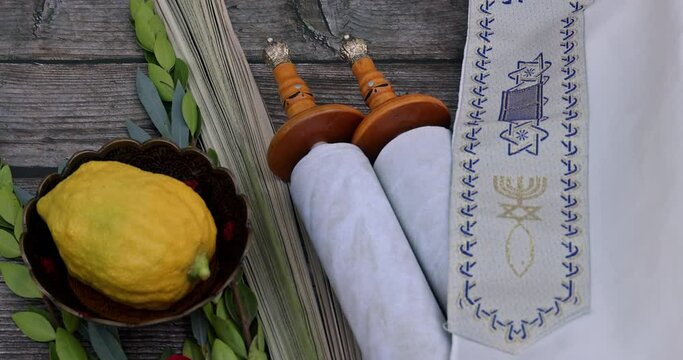 The traditional festival of Jewish holiday decorations for Sukkot with the species etrog, lulav, hadas, and arava