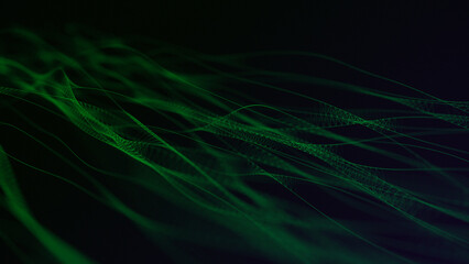 Dna from a moving wave and particles. Abstract dark background. The science of medicine. Biotechnology. The concept of a gene cell. Green dots and lines. 3d rendering