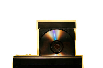 Flatlay view of dirty dvd player with open tray disk