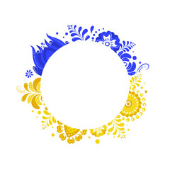 Round frame border with flowers in the national colors of the Ukrainian flag. Yellow and blue.