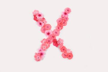 Letter X made from real fresh flowers. Creative floral font concept. Unique collection of letters and numbers for design. Spring, summer, autumn and valentines, creative idea