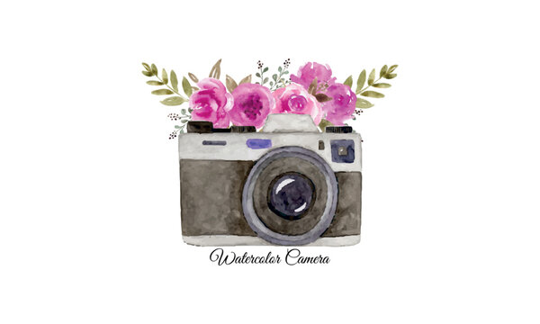 watercolor camera logo. photographer logo with floral illustration