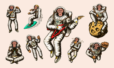 Monkey astronaut with whale, guitar, skateboard and moon. Chimpanzee spaceman cosmonaut characters set. Astronomical galaxy space. Funny cosmonaut explore adventure.Hand drawn old sketch line