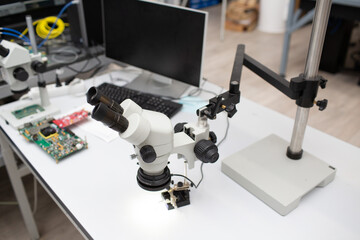 Microscope in Scientific research tech Laboratory on table.