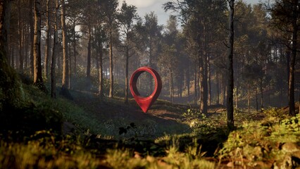 A red geotag in a beautiful forest at sunset. 3d rendering - obrazy, fototapety, plakaty