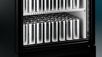 Dark refrigerator with a can on the shelf. Detailed close-up view. High quality 3d illustration