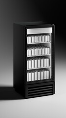 Dark refrigerator with a can on the shelf. High quality 3d illustration