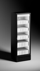 Dark tall refrigerator with a can on the shelf. High quality 3d illustration