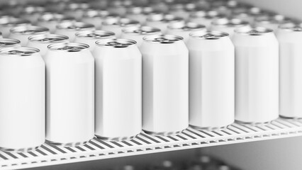 Rows of white aluminum cans on the shelf in the refrigerator. High quality 3d illustration